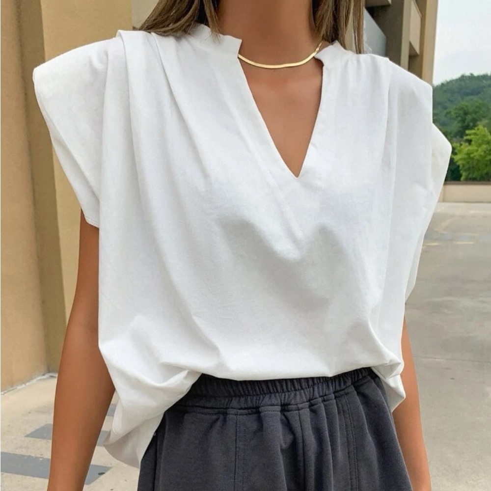 BEIGE V-neck ruched shoulder pad T-shirt tee - Picture 5 of 8